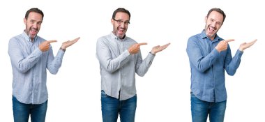 Beyaz izole arka plan üzerinde yakışıklı üst düzey iş adamı Kolaj şaşırttı ve el ile sunarken kameraya gülümseyerek ve parmak ile işaret.