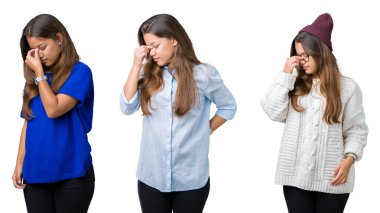 Kolaj izole arka burun ve göz yorgunluğu ve baş ağrısı duygu sürtünme yorgun güzel genç kadın. Stres ve hayal kırıklığı kavramı.