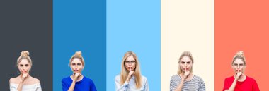 Canlı renkli vintage çizgili izole arka plan üzerinde genç güzel sarışın kadın Kolaj dudaklarında parmak ile sessiz olmak isteyen. Sessizlik ve gizli kavram.