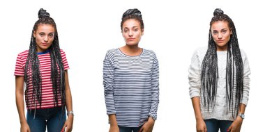 Kolaj güzel örgülü saç Afrikalı-Amerikalı kadının yüzünde ciddi bir ifade ile izole arka plan üzerinde. Basit ve doğal kameraya bakıyor.