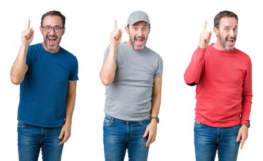 Kolaj başarılı fikirle parmak işaret beyaz izole arka plan üzerinde yakışıklı komuta sizde. Çıktıktan ve mutlu. Bir numara.