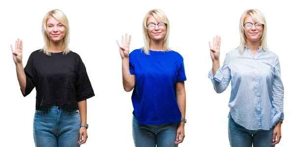 Collage Einer Schönen Blonden Frau Vor Isoliertem Hintergrund Die Mit — Stockfoto