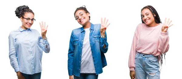 Collage Aus Schönen Geflochtenen Haaren Afrikanisch Amerikanische Frau Vor Isoliertem — Stockfoto