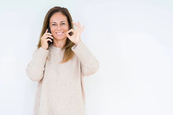 Middle Age Woman Talking Smartphone Isolated Background Doing Sign Fingers — Stock Photo, Image