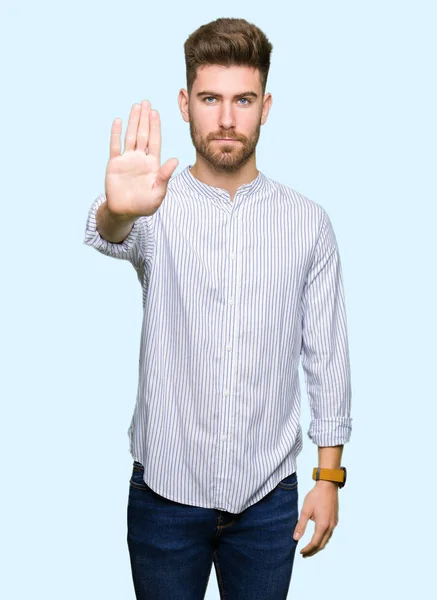 Young Handsome Man Doing Stop Sing Palm Hand Warning Expression — Stock Photo, Image