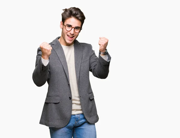 Jovem Homem Negócios Vestindo Óculos Sobre Fundo Isolado Comemorando Surpreso — Fotografia de Stock