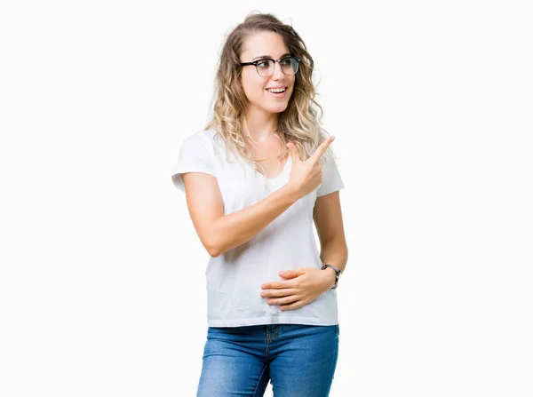 Beautiful Young Blonde Woman Wearing Glasses Isolated Background Cheerful Smile — Stock Photo, Image