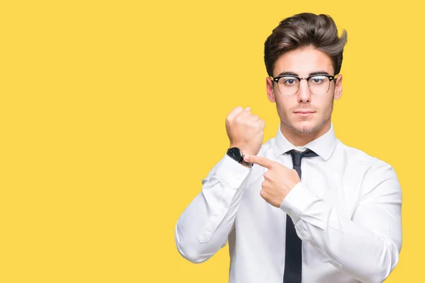 Young Business Man Wearing Glasses Isolated Background Hurry Pointing Watch — Stock Photo, Image