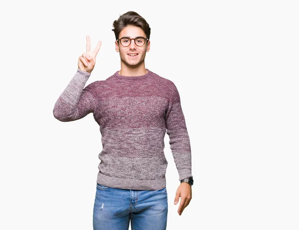 Joven Hombre Guapo Con Gafas Sobre Fondo Aislado Mostrando Apuntando — Foto de Stock