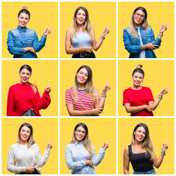 Colagem Jovem Bela Mulher Sobre Fundo Amarelo Isolado Com Grande — Fotografia de Stock