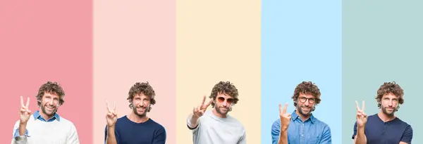 Collage Joven Hombre Casual Sobre Rayas Colores Fondo Aislado Sonriendo — Foto de Stock