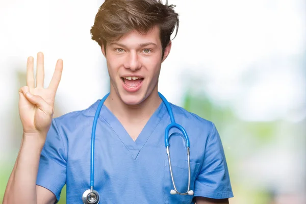 Jonge Dokter Medische Uniform Dragen Geïsoleerde Achtergrond Weergeven Met Vingers — Stockfoto