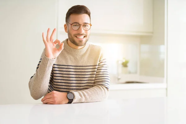 Young Handsome Man Wearing Glasses Home Doing Sign Fingers Excellent — Stock Photo, Image