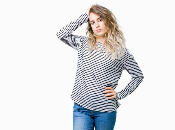 Bella Giovane Donna Bionda Che Indossa Maglione Righe Sfondo Isolato — Foto Stock