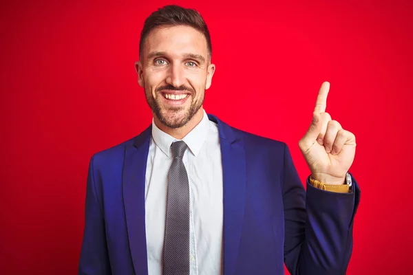 Young Handsome Business Man Red Isolated Background Big Smile Face — Stock Photo, Image