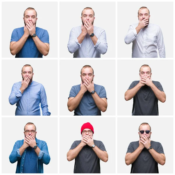 Collage Young Man Isolated Background Shocked Covering Mouth Hands Mistake Stock Image