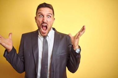 Sarı izole arka plan üzerinde genç yakışıklı iş adamı deli kutluyor ve kollarını kaldırdı ve açık gözleri heyecanlı çığlık ile başarı için hayran. Kazanan kavramı