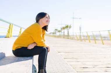 Güzel genç kadın bir mesire neşeli zevk güneş ışığı güneşli günde rahatlatıcı gülümseyen deniz kenarında oturup...