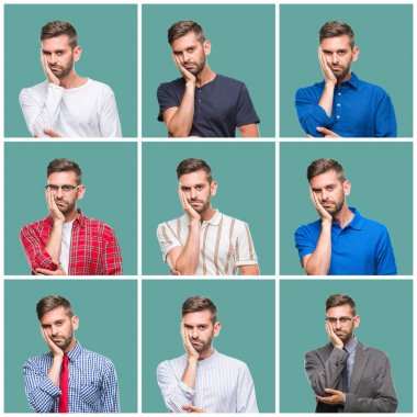 Yeşil izole arka plan üzerinde yakışıklı genç adam Kolaj yorgun görünümlü ve çapraz kolları ile depresyon sorunları ile sıkılmış düşünme.