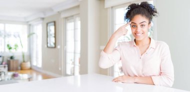 Afro saçlı, tek parmağıyla başını gösteren güzel Afro-Amerikan kadını geniş açılı. Harika bir fikir ya da düşünce, iyi bir hafıza.