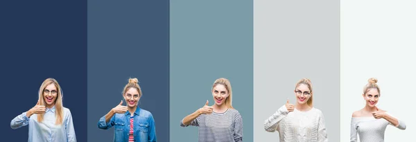 Colagem Jovem Bela Mulher Loira Sobre Fundo Colorido Colorido Vintage — Fotografia de Stock