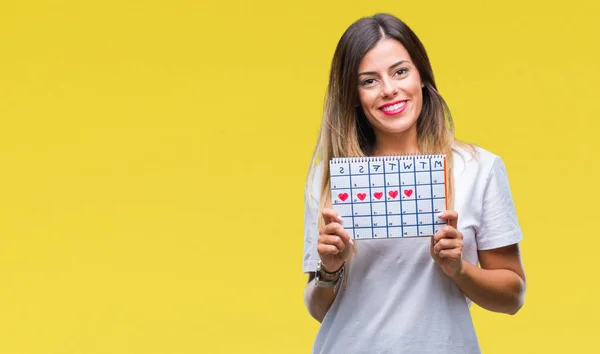 Jonge Mooie Vrouw Houdt Van Menstruatie Kalender Geïsoleerde Achtergrond Met — Stockfoto
