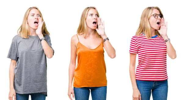 Collage Beautiful Blonde Woman White Isolated Background Shouting Screaming Loud — Stock Photo, Image
