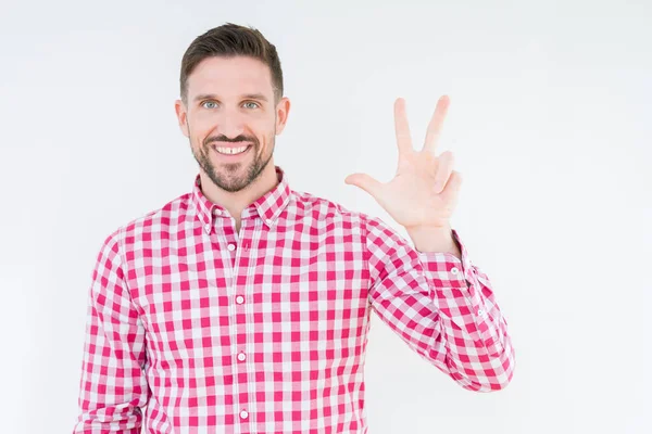 Joven Hombre Guapo Con Camisa Sobre Fondo Aislado Mostrando Señalando — Foto de Stock