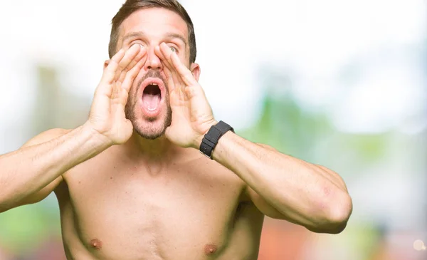 Handsome Shirtless Man Showing Nude Chest Shouting Angry Out Loud — Stock Photo, Image
