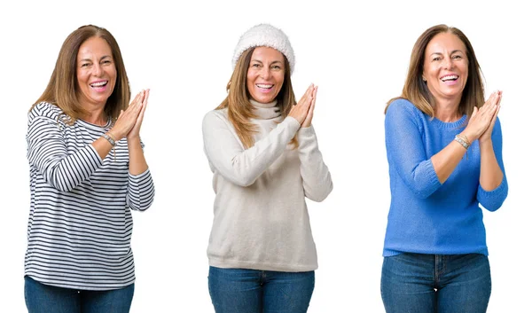 Коллаж Красивой Женщины Средних Лет Изолированном Фоне Хлопают Аплодируют Счастливые — стоковое фото
