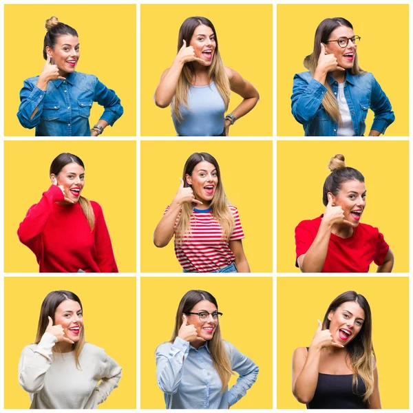 Colagem Jovem Bela Mulher Sobre Fundo Amarelo Isolado Sorrindo Fazendo — Fotografia de Stock