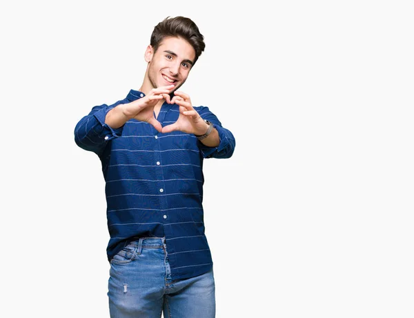 Homem Bonito Jovem Vestindo Camisa Marinha Sobre Fundo Isolado Sorrindo — Fotografia de Stock