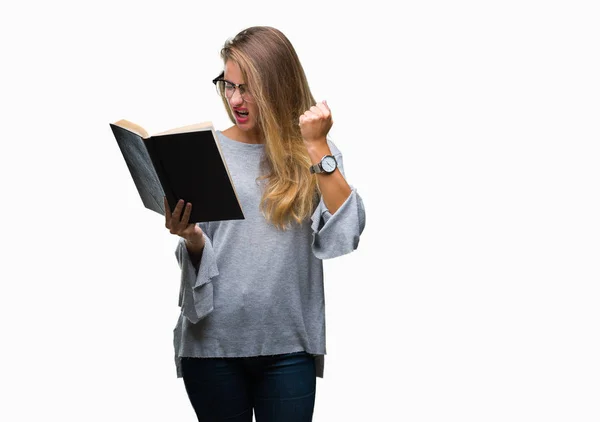 Young Beautiful Blonde Woman Reading Book Isolated Background Annoyed Frustrated — Stock Photo, Image