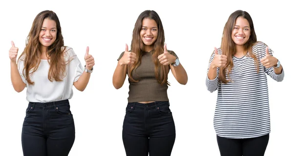 Colagem Bela Jovem Sobre Sinal Sucesso Fundo Isolado Fazendo Gesto — Fotografia de Stock