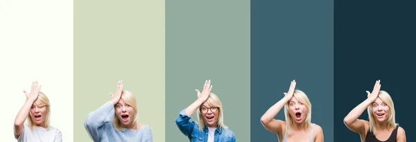 Collage Van Mooie Blonde Vrouw Groene Vintage Geïsoleerde Achtergrond Verrast — Stockfoto