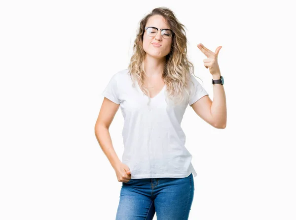 Hermosa Mujer Rubia Joven Con Gafas Sobre Fondo Aislado Disparos — Foto de Stock