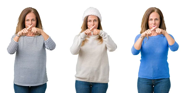 Collage Hermosa Mujer Mediana Edad Sobre Fondo Aislado Expresión Rechazo — Foto de Stock