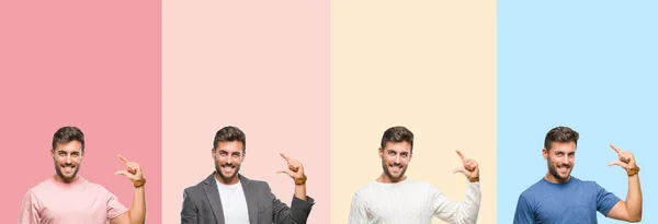 Collage Handsome Young Man Colorful Stripes Isolated Background Smiling Confident — Stock Photo, Image