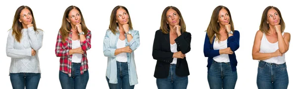 Collage Hermosa Mujer Mediana Edad Sobre Fondo Blanco Aislado Con — Foto de Stock