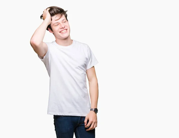 Joven Hombre Guapo Vistiendo Casual Camiseta Blanca Sobre Fondo Aislado —  Fotos de Stock