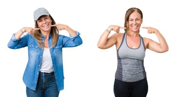 Collage Hermosa Mujer Mediana Edad Vistiendo Traje Deportivo Sobre Fondo —  Fotos de Stock