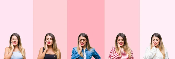 Collage Mujer Hermosa Joven Sobre Rayas Rosadas Fondo Aislado Tocando —  Fotos de Stock