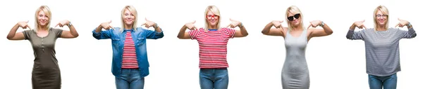 Colagem Bela Mulher Loira Vestindo Diferentes Olhares Sobre Fundo Isolado — Fotografia de Stock