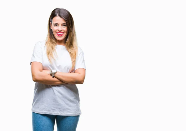 Joven Hermosa Mujer Casual Camiseta Blanca Sobre Fondo Aislado Cara — Foto de Stock