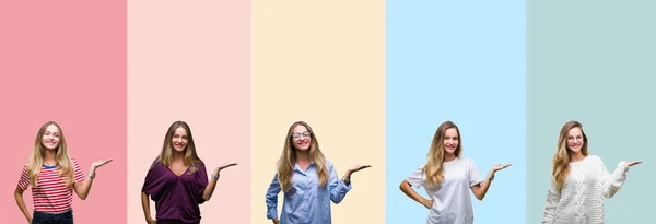 Collage Van Mooie Jonge Vrouw Kleurrijke Strepen Geïsoleerde Achtergrond Glimlachend — Stockfoto