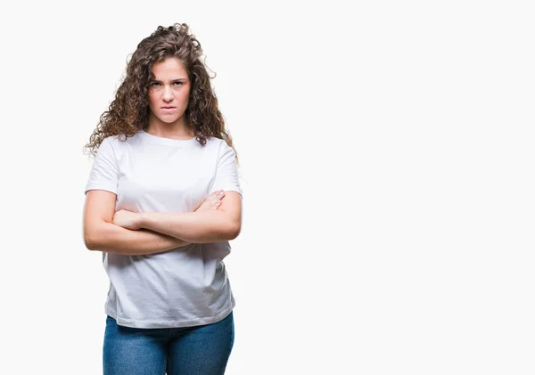 Mooie Brunette Krullend Haar Jong Meisje Dragen Casual Shirt Geïsoleerde — Stockfoto