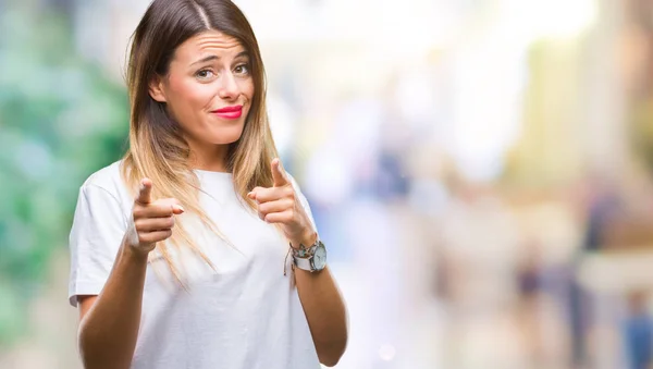 Giovane Bella Donna Casual Bianco Shirt Sfondo Isolato Puntando Dito — Foto Stock