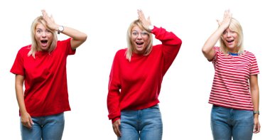 Izole arka plan üzerinde rahat kırmızı giyen güzel sarışın kadın kolaj hata için kafasına el ile şaşırttı, hata hatırlıyorum. Unuttum, kötü bellek kavramı.