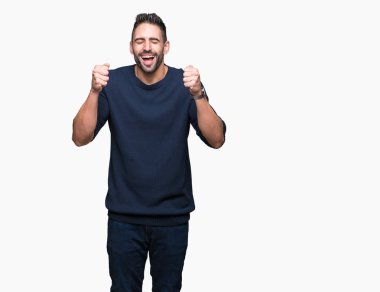 Zafer kutluyor gülümseyen izole arka kolları olan başarı için heyecan üzerinde kazak giyen genç yakışıklı adam kaldırdı. Kazanan kavramı.