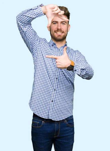 Young Handsome Bussines Man Smiling Making Frame Hands Fingers Happy — Stock Photo, Image